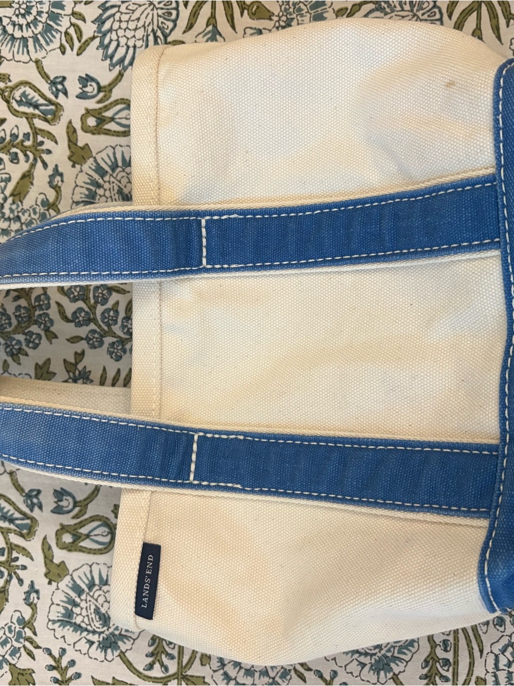Lands' End Cream and Blue Mini Canvas Tote Bag